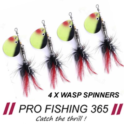 Forelle Barsch Döbel Lachsangeln Spinner 4 x Größe 2 Wespe schwarz rot Federschwanz