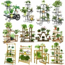 3-11 Tier Metal Wood Carbonized Plant Flower Stand Shelf Multiple Indoor Outdoor