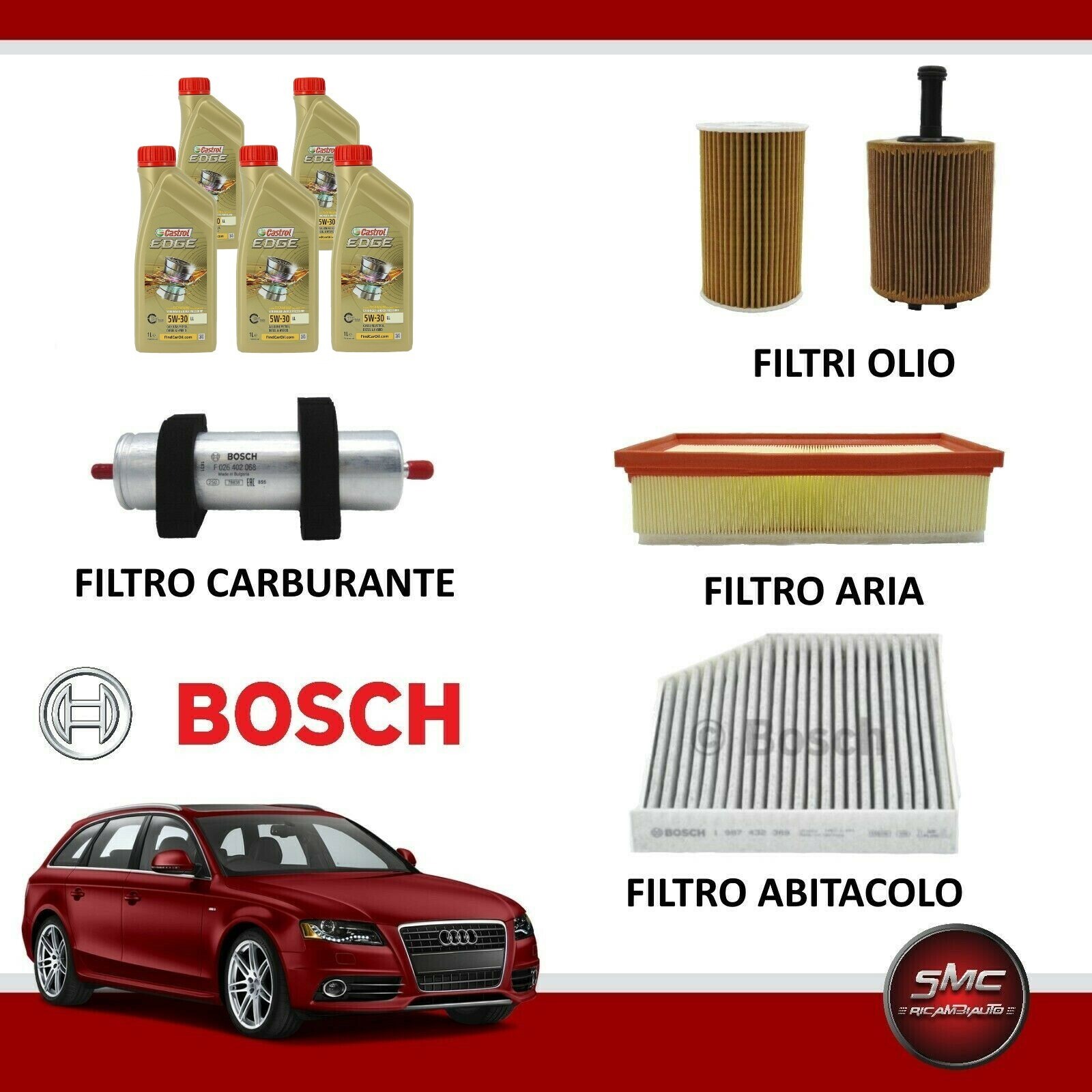 Kit tagliando audi a4 B8 8K 2.0 tdi filtri bosch + olio castrol 5w30 5lt eBay