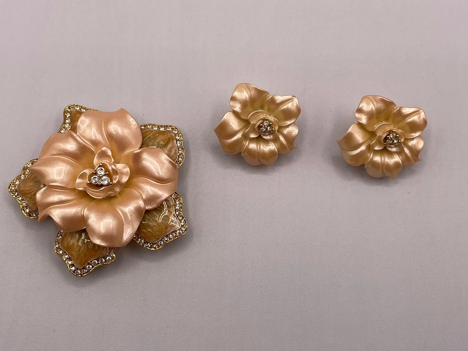 Nolan Miller цветок брошь зажим серьги комплект жемчужный персик со стразами эмаль роза - Изображение 2 из 4