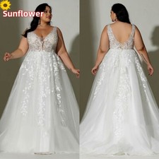 Plus Size A-Line Wedding Dresses V-Neck Backless Lace Applique White Bridal Gown