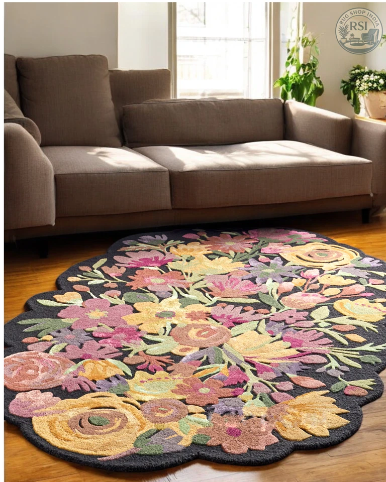 Tapete de área antigo floral tufado de lã | Tapete de pelúcia macia feito à mão para sala de estar - Imagem 4 de 4