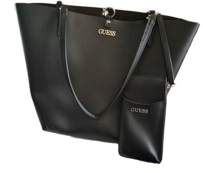 GUESS Vikky Black Faux Leather Tote Bag Pouch Set DF745521 Silver Hardware Large