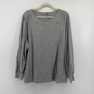 Crown & Ivy Heart Print Top Gray Women 4X Long Sleeve Button Back Jersey Blouse