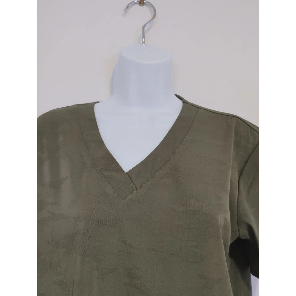 Scrub Top By Cherokee Infinity Olive Green Camo Print V-Neck - Image 2 of 4