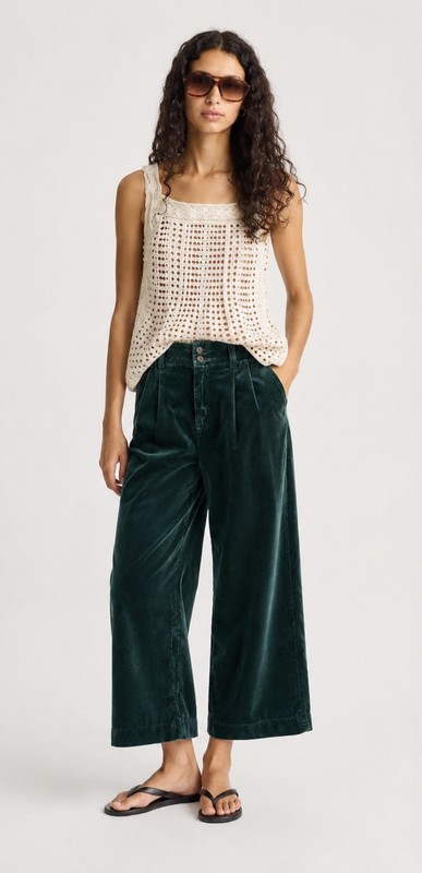 Madewell Green Velvet Pleated Wide Leg Cropped Pants | High Rise Pockets Size 8