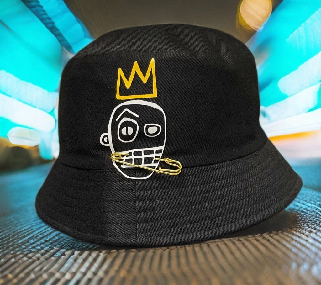 Graphic Animation Bucket Hat, Basquiat Inspired Crown Logo Black Fishermen Cap