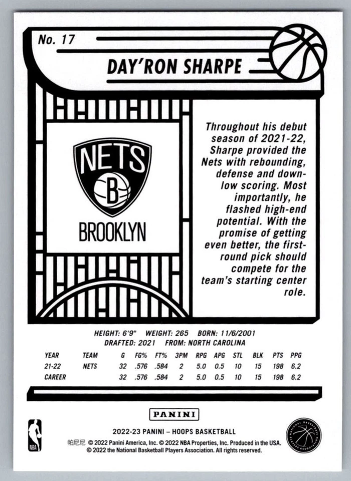 2022-23 Hoops Day'Ron Sharpe Brooklyn Nets #17 - Image 2 of 2