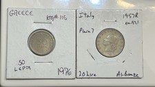 1976 Greece 50 Lepta & 1957 Italy 20 Lire Old Antique Foreign Coins