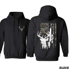 Deer Hunting Hoodie   American Flag Camo Background with Buck Head Silhouette  