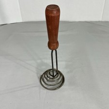 Vintage Spring Coil Wire French Whisk Egg Beater Wood Handle Kitchen Utensil