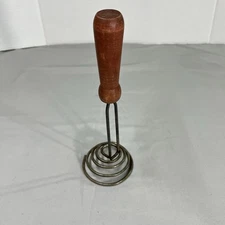Vintage Spring Coil Wire French Whisk Egg Beater Wood Handle Kitchen Utensil