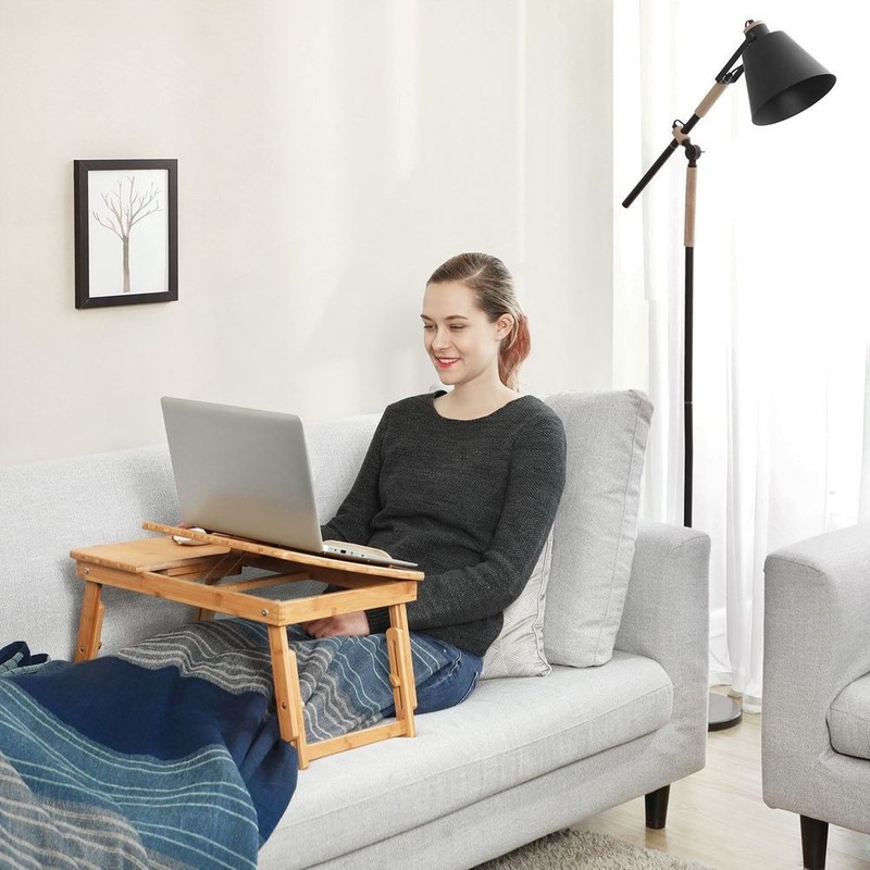 NEW! Adjustable Bamboo Laptop Bed Desk with Tilting Top Storage Drawer Multi-use