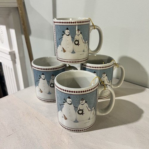 Warren Kimble Snowmen Mugs Coffee Cups Otagiri Set of 4 Stoneware Y2K