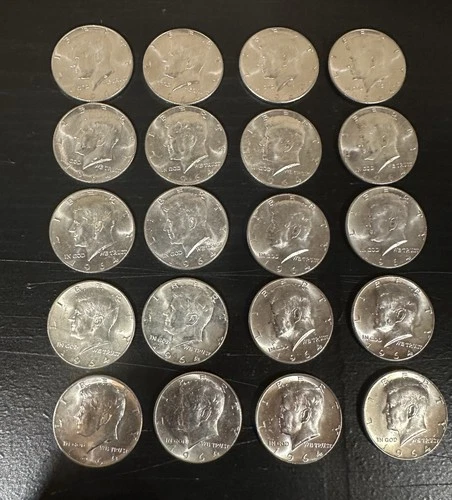 1964 Kennedy Half-Dollars 90% Silver 20-Coin Roll CLEAN!  Uncirculated