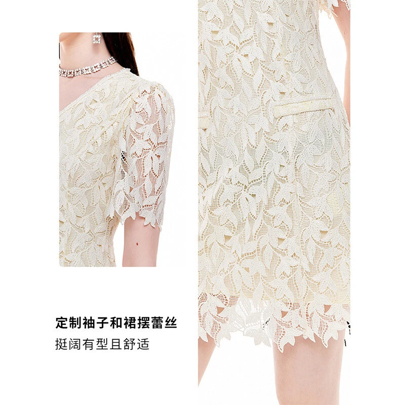 OFF WHITE Abito corto stile francese donna manica corta pizzo ricamo scollo V slim fiocco