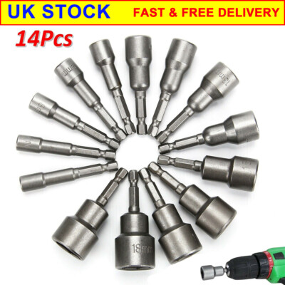 14pcs 6 -19mm 1/4" Nut Driver Bit Set Hex Magnetic Metric Socket Impact ...