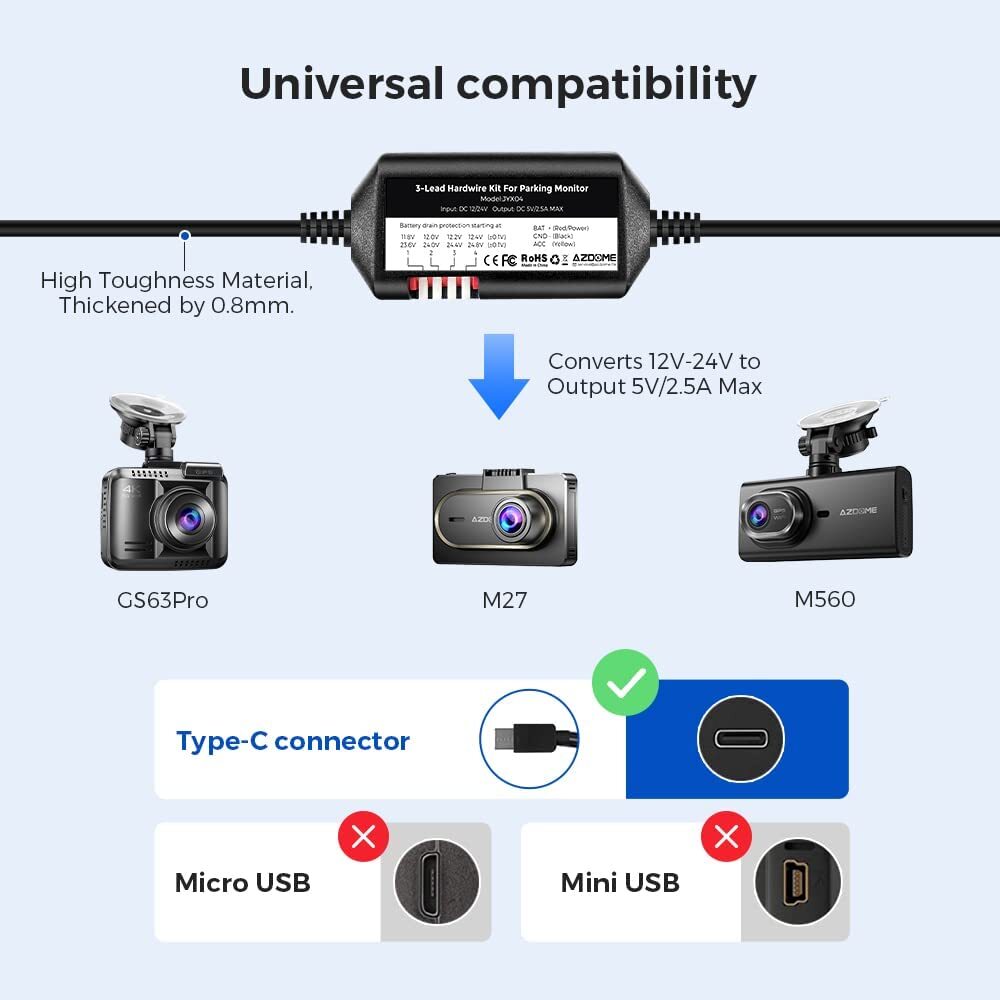 AZDOME JYX05 Dash Cam Hardwire Kit USB Type C Hard Wire Kit