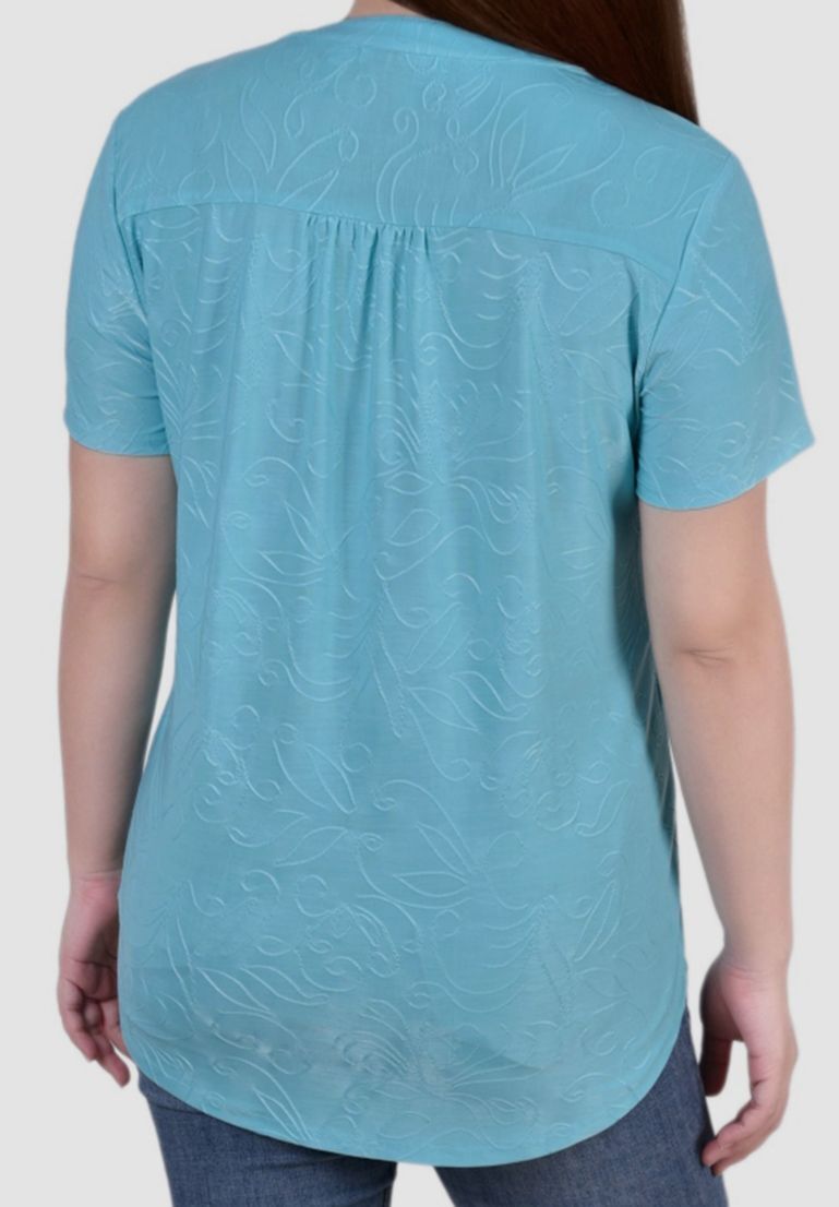 売れ筋商品|||ニューヨークコレクション カットソー トップス レディース Petite Printed Pintuck Top Blue Tribal NY Collection Women's Blue Pintuck Short Sleeve Top Petite