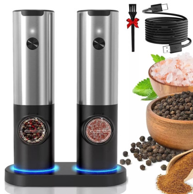 Electric Salt & Pepper Grinder Mill Shakers Set Adjustable LED USB Rechargeable