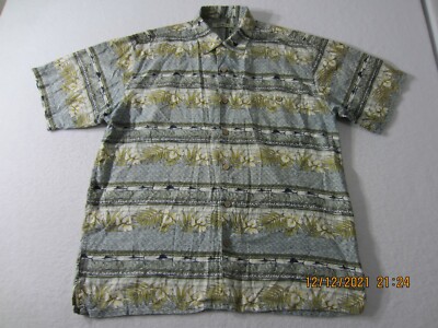 SUMMA Shirt Mens Meduium Blue Green Beige Button Up Short Sleeve Hawaiian Casual