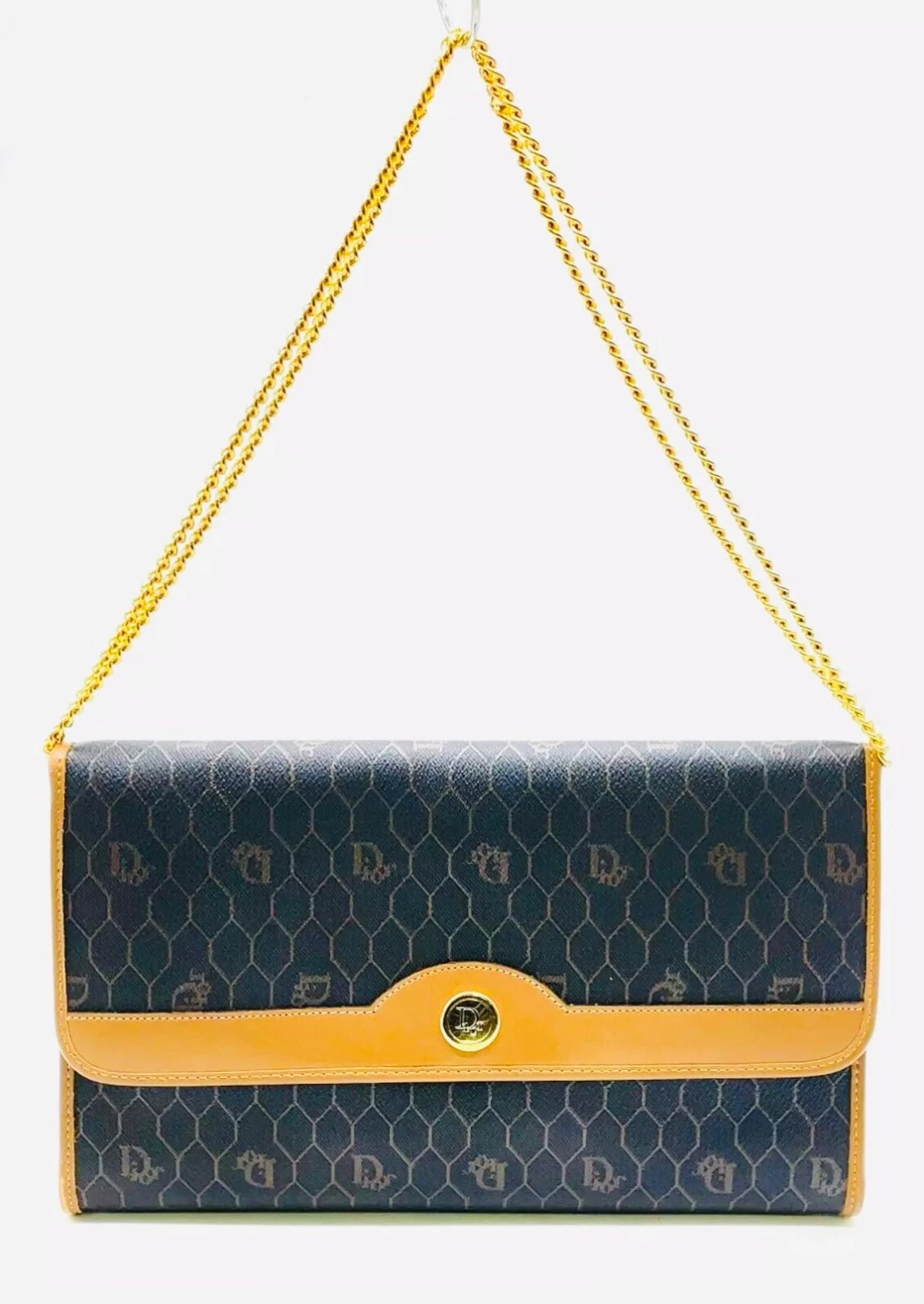Authentique sac à bandoulière Christian Dior nid d'abeille PVC cuir marron chaîne