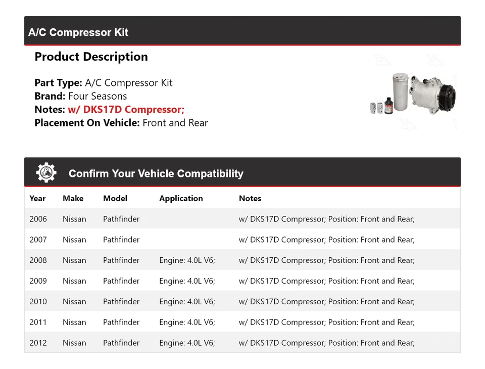 For 2006-2012 Nissan Pathfinder A/C Compressor Kit Front and Rear 4 Seasons 2007 - Image 2 of 4