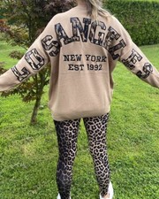 Feinstrick Pullover Beige Braun Leo mit Backprint Los Angeles One Size bis 42