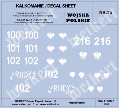 1:48 DECALS - DEC235 - T-34/85 - Famous tank RUDY 102 - Polish 1st tank brigade