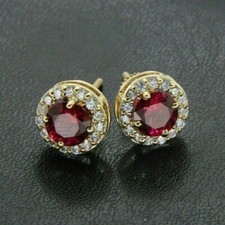 2 Ct Round Cut Lab Created Red Ruby Halo Women's Earrings 14K Yellow Gold Plated