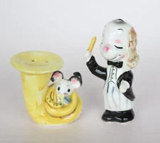 Vintage Artmark Dog Conductor Mouse Horn Music Salt Pepper Shakers Japan