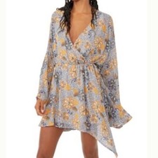 Free People Teegan Floral Long Sleeve Mini Dress Sky Women's Small New $128