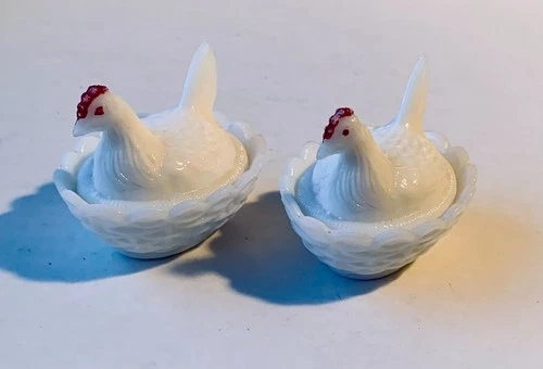 Two Vintage Westmoreland Milk Glass small 2” Hen On Nest Hand Painted Red - dish