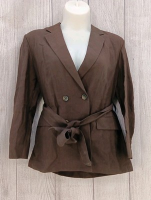 Massimo Dutti Linen Jacket Womens 10 Dark Brown Double Breasted Belted Summer