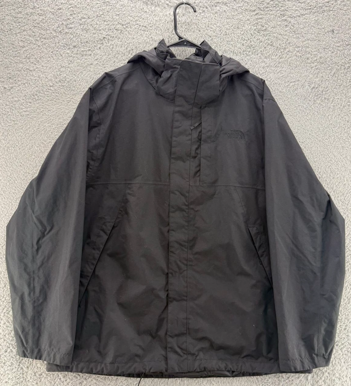 The North Face Hooded Rain Jacket Mens XL Black Gray Full Zip Windbreaker Shell
