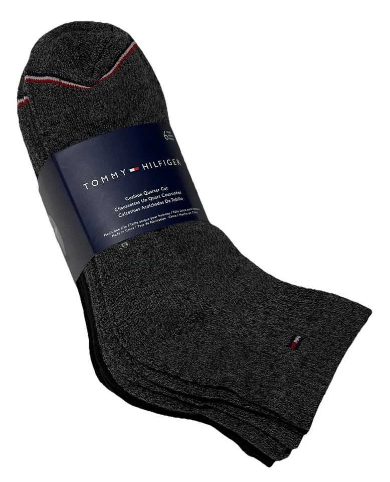 Tommy Hilfiger 6 pares de calcetines acolchados corte cuarto negro/gris bandera logotipo Foto 2 de 4
