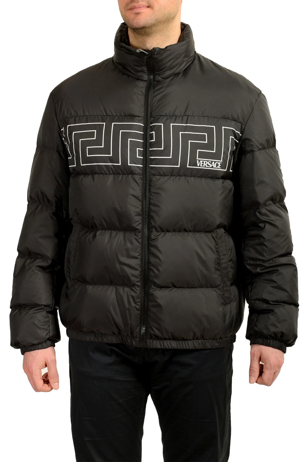Versace — Versace Men's Black Greeca Print Full Zip Down Parka Jacket US XL IT 54