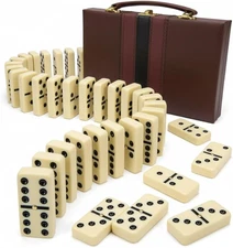Jumbo Double Six Dominoes Set - 28 White Classic Tiles in Faux Leather Case - Fu