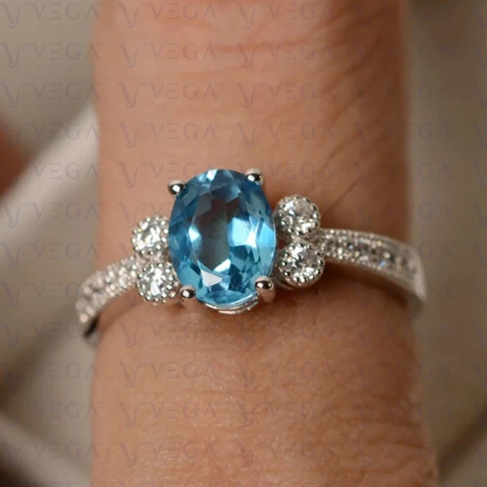 3.50 Carat Oval Cut Natural Topaz and Diamond Wedding Ring 18K White Gold Plated - Image 4 of 4