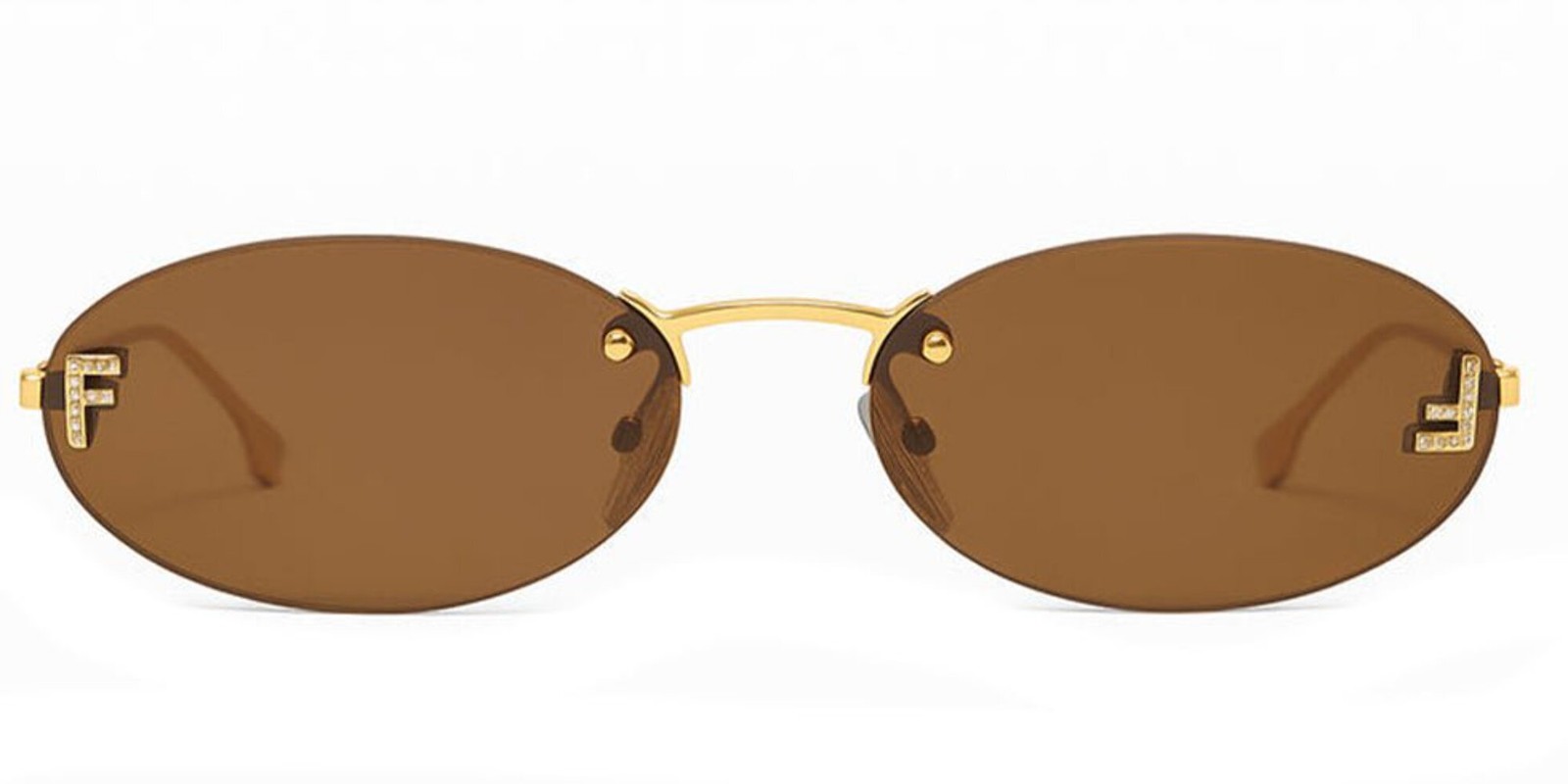 Fendi FE4075US Crystal Rimless Oval Sunglasses Brown Lenses Gold Metal