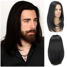Long Black Straight Wig for Men Synthetic Heat Resistant Hair Costume Halloween