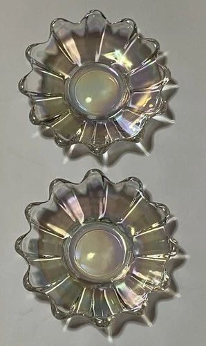 Two Vintage Federal Glass Iridescent Celestial Bowls 6" Scalloped Edges