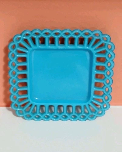 Vintage Westmoreland Blue Milk Glass (Unique "Doric Lace" Edge)  5" Square Plate