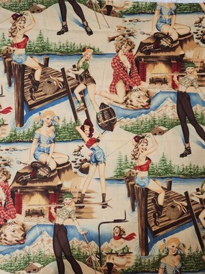 Alexander Henry Fabric The Great Outdoors Tea 2000 Pinup Girls Fishing 26''