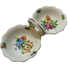 Herend Hungary Printemps Fine Porcelain Twin Salt Dish Hand-Painted Gold Trim
