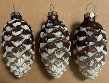 Lot of 3 Brown Silver Snow Glitter GLASS PINE CONE Christmas ORNAMENTS Holiday