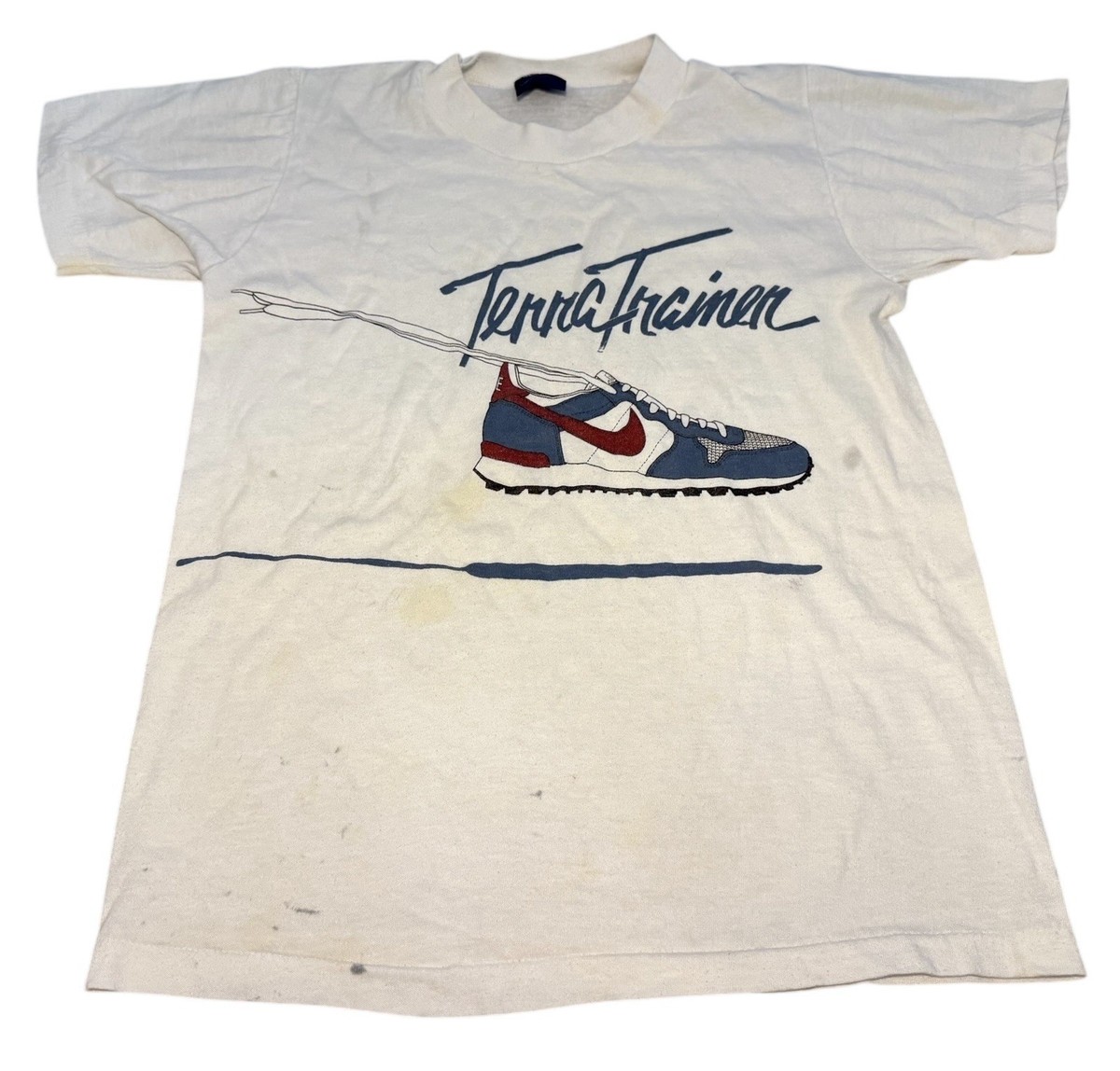 VTG 80s NIKE BLUE TAG Terra Trainer LOGO T-Shirt S DISTRESSED Stains Shoe  Rare