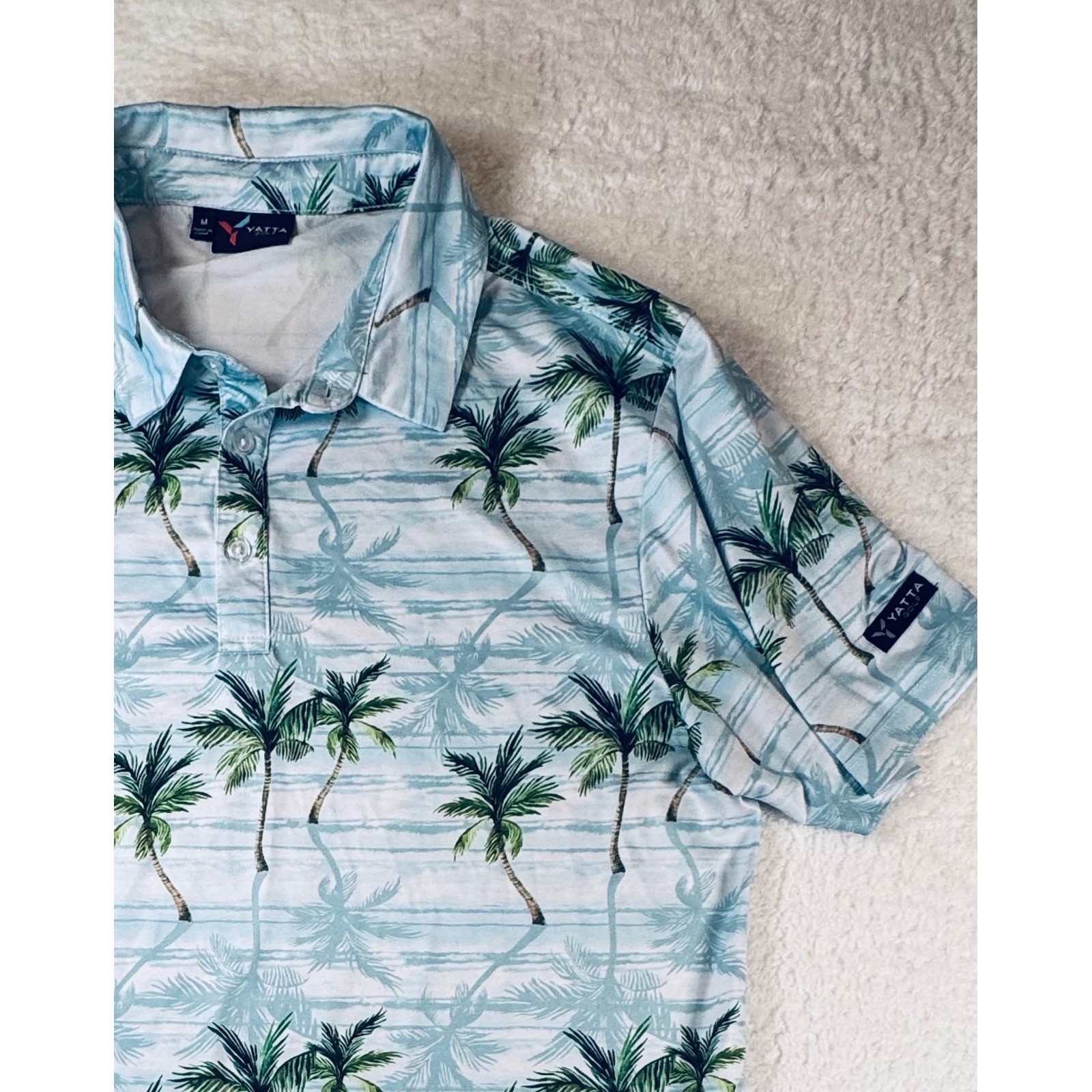 Yatta Golf Polo Shirt Mens Medium Blue Palm Tree Tropical Performance Stretch