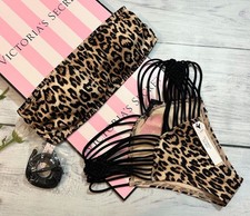 Victoria's Secret Swim Macrame Fringe Bandeau Bikini Top Cheeky Set Leopard