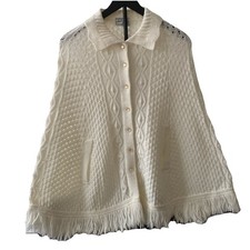 Vintage Beautiful Wintuk White Knit Poncho Cape Sweater Button Up One Size